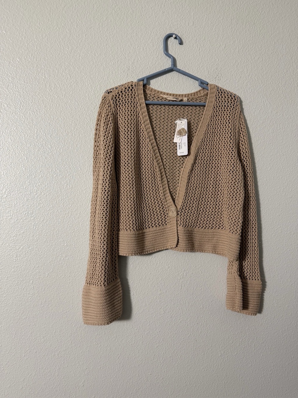 Soft Surroundings Taupe Cropped Open-Knit V-Neck Cardigan SZ L